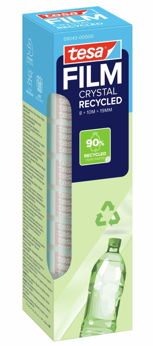 tesa MINI DISPENSER RECYCLED - Gehäuse 100% recycelter Kunststoff aus Produktionsresten - Klebebandabroller mit 2 Rollen film CRYSTAL RECYCLED 10 m x 19 mm