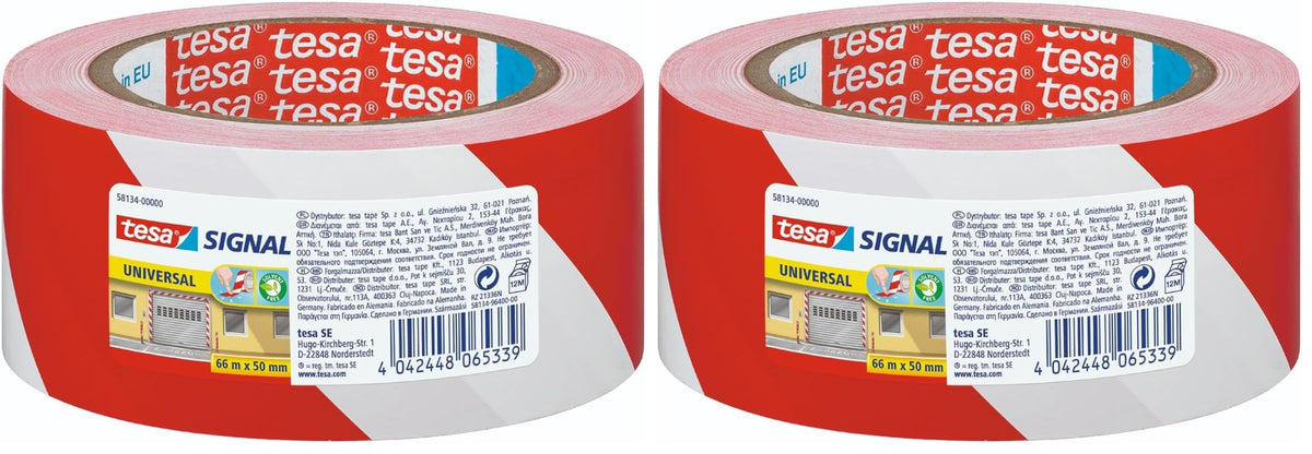 tesa Signal Markierungsklebeband UNIVERSAL - selbstklebendes Warnband zur permanenten Markierung und Kennzeichnung von Gefahrenzonen - aus robustem PP - 66 m x 50 mm - Rot/Weiß