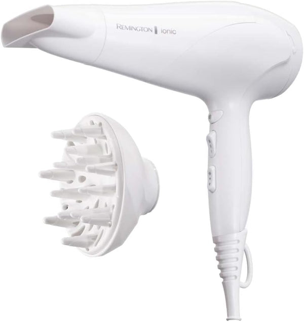 Remington Haartrockner Ionen [leicht, Diffusor & Stylingdüse] weiß (2200W, Keramik-Ionen: schonendes Styling & gleichmäßige Wärmeverteilung, 3 Heiz- & 2 separate Gebläsestufen + Abkühlstufe) D3199