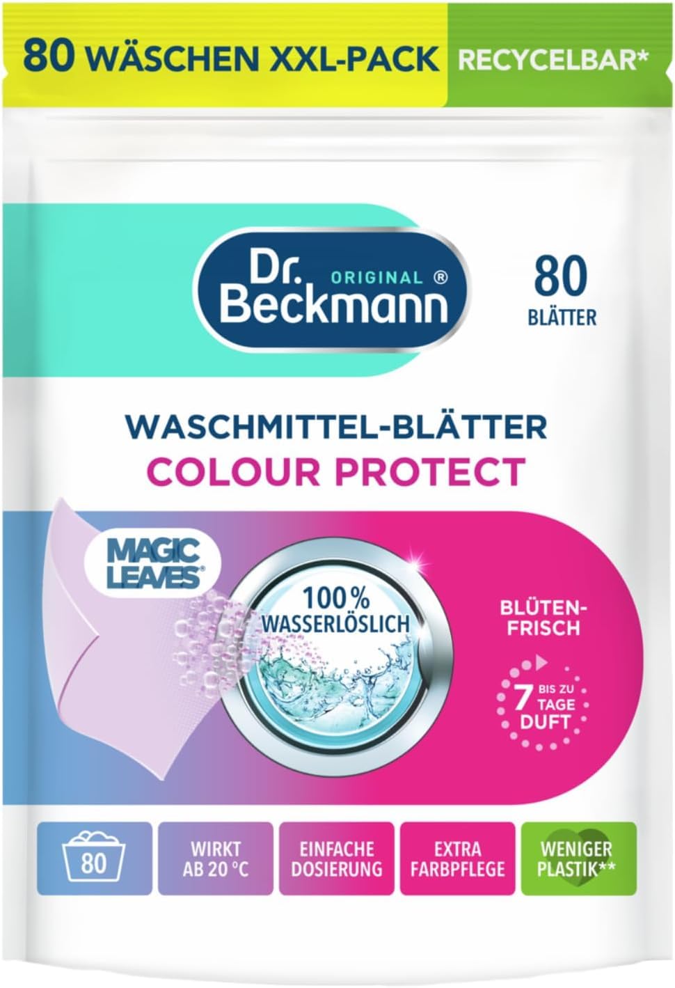 Dr. Beckmann MAGIC LEAVES Waschmittel-Blätter UNIVERSAL | vordosierte & wasserlösliche Waschblätter | platzsparend und leicht anzuwenden | 80 Blätter