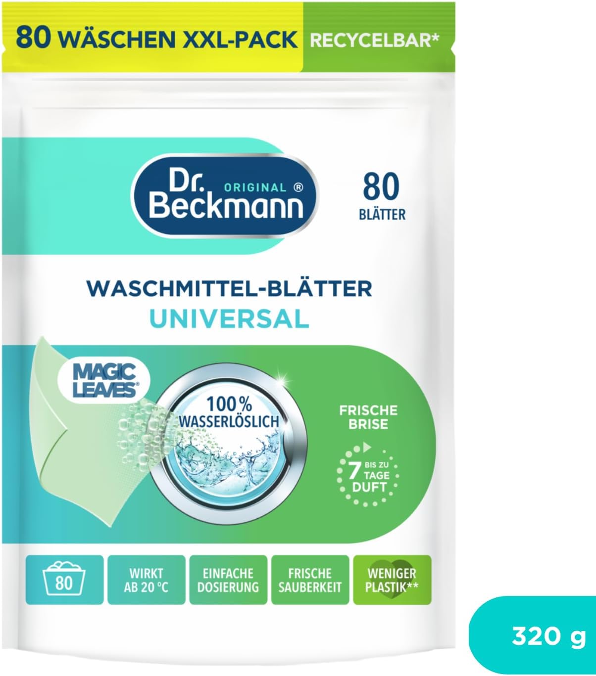 Dr. Beckmann MAGIC LEAVES Waschmittel-Blätter UNIVERSAL | vordosierte & wasserlösliche Waschblätter | platzsparend und leicht anzuwenden | 80 Blätter