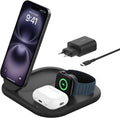 Belkin BoostCharge Ladegerät induktive 3-in-1 Ladestation Qi2, 15 W, klappbar MagSafe-kompatibles Ständer für Apple iPhone 17, Air, Pixelsnap, Apple Watch, AirPods, mit Netzteil – Schwarz