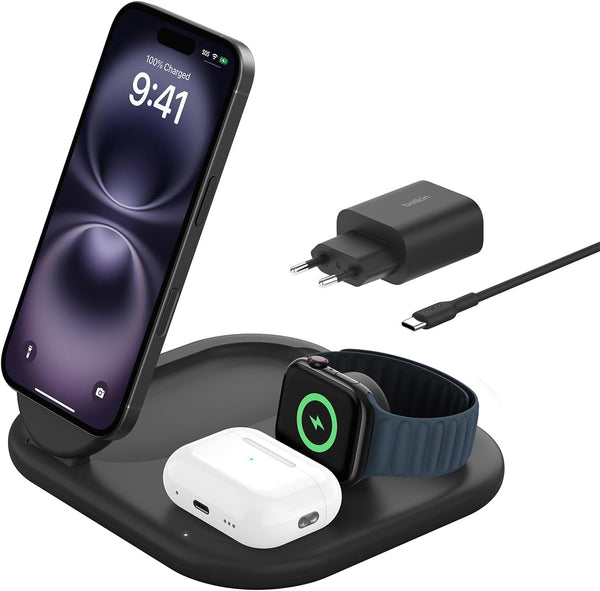 Belkin BoostCharge Ladegerät induktive 3-in-1 Ladestation Qi2, 15 W, klappbar MagSafe-kompatibles Ständer für Apple iPhone 17, Air, Pixelsnap, Apple Watch, AirPods, mit Netzteil – Schwarz
