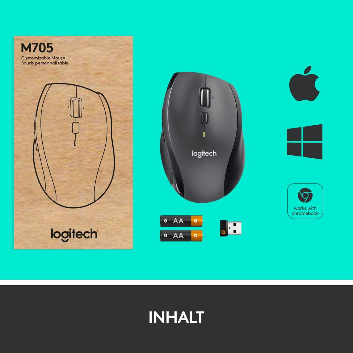 Logitech M705 Marathon Kabellose Maus, 2.4 GHz Verbindung via Unifying USB-Empfänger, 1000 DPI Laser-Sensor, 3-Jahre Akkulaufzeit, 7 Tasten, PC/Mac - Schwarz