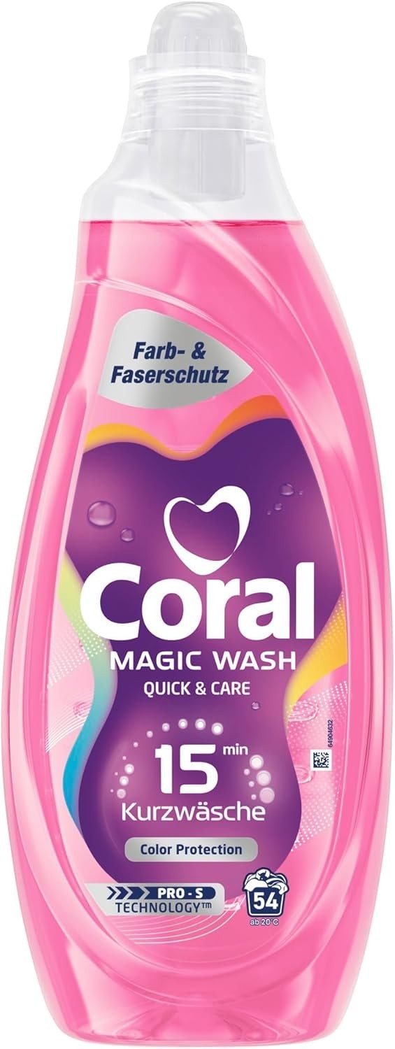 Coral Magic Wash Quick & Care Waschmittel Color Protection Flüssigwaschmittel für 15 Minuten Kurzwäsche mit PRO-S Technologie 54 WL