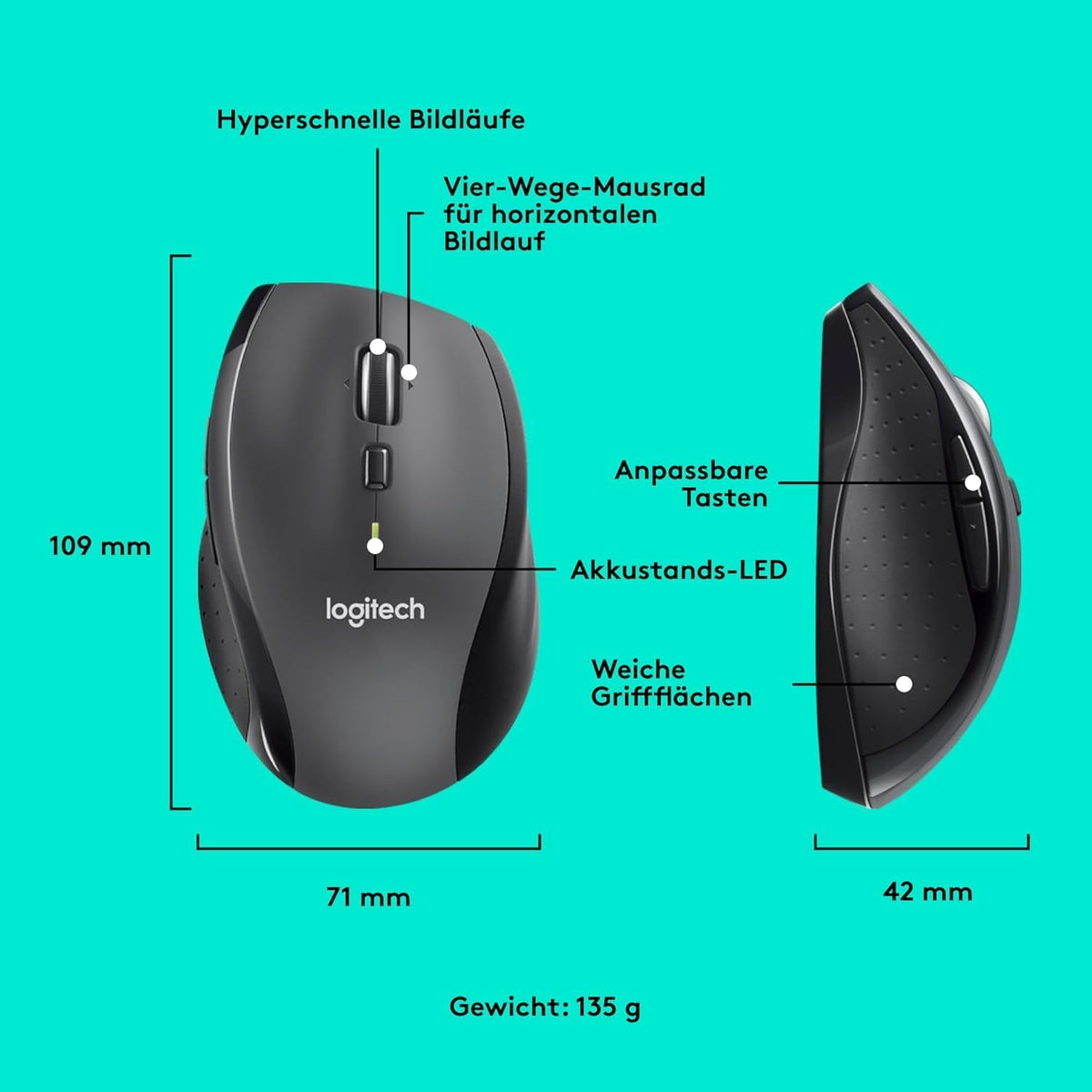 Logitech M705 Marathon Kabellose Maus, 2.4 GHz Verbindung via Unifying USB-Empfänger, 1000 DPI Laser-Sensor, 3-Jahre Akkulaufzeit, 7 Tasten, PC/Mac - Schwarz