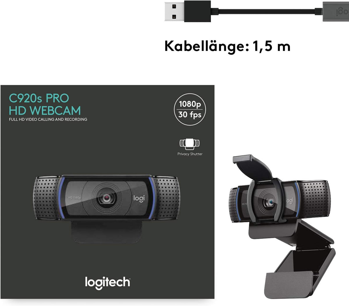 Logitech C920s HD PRO Webcam, Full-HD 1080p, 78° Blickfeld, Autofokus, Belichtungskorrektur, USB-Anschluss, Abdeckblende, Für Skype, FaceTime, Hangouts,etc., PC/Mac/ChromeOS/Android/Xbox One -Schwarz