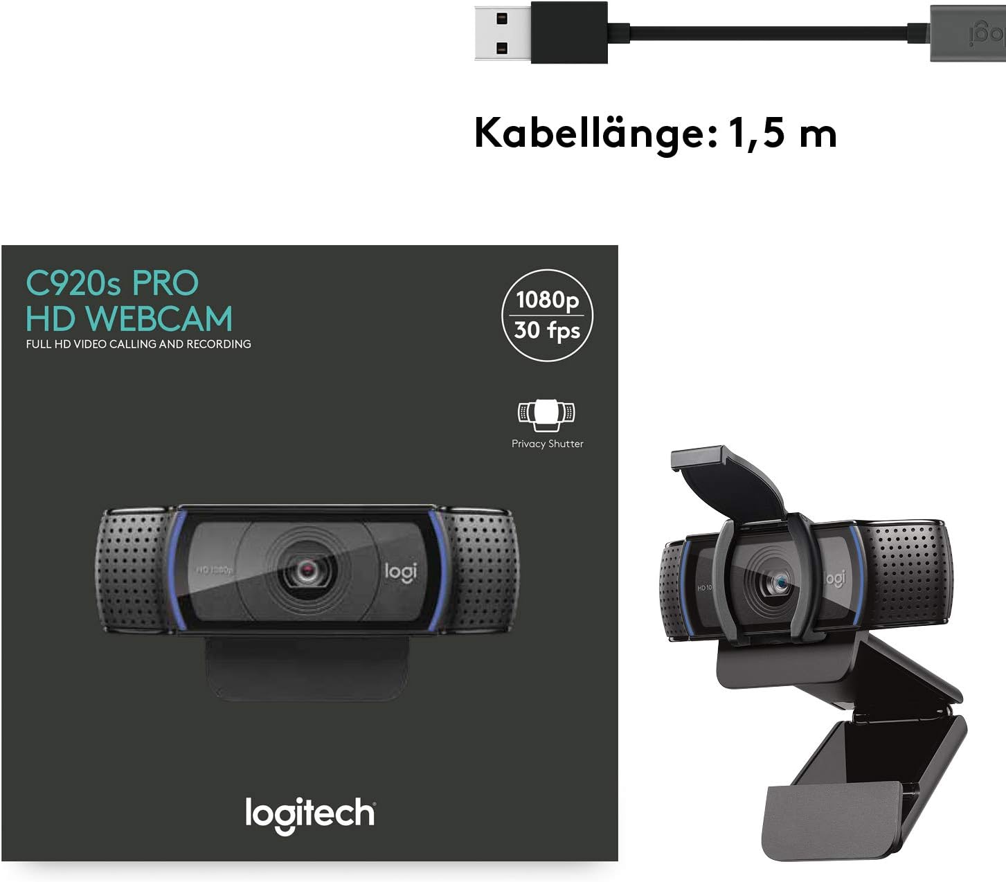 Logitech C920s HD PRO Webcam, Full-HD 1080p, 78° Blickfeld, Autofokus, Belichtungskorrektur, USB-Anschluss, Abdeckblende, Für Skype, FaceTime, Hangouts,etc., PC/Mac/ChromeOS/Android/Xbox One -Schwarz
