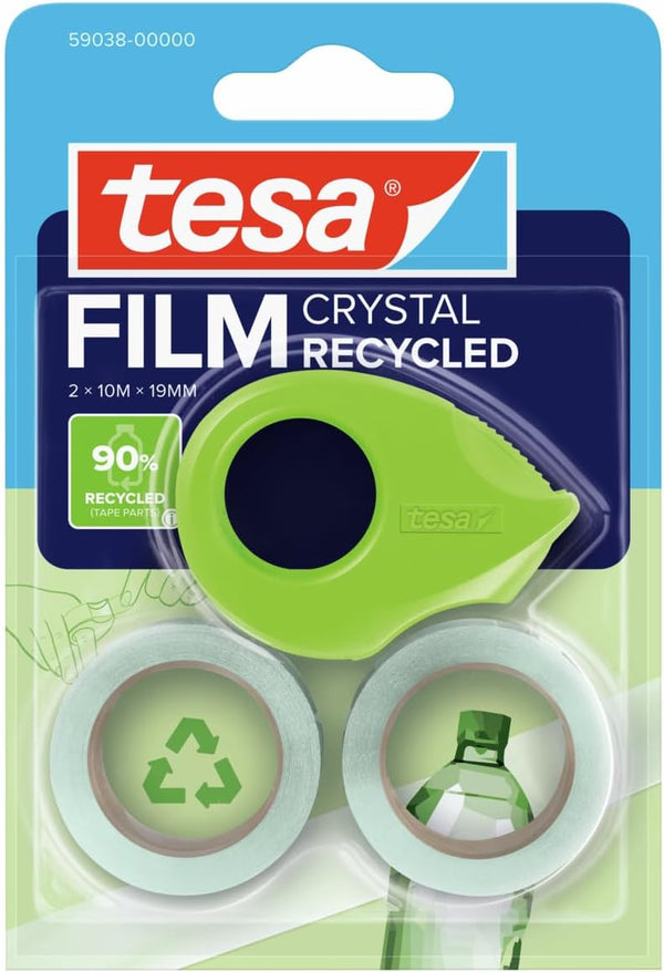 tesa MINI DISPENSER RECYCLED - Gehäuse 100% recycelter Kunststoff aus Produktionsresten - Klebebandabroller mit 2 Rollen film CRYSTAL RECYCLED 10 m x 19 mm