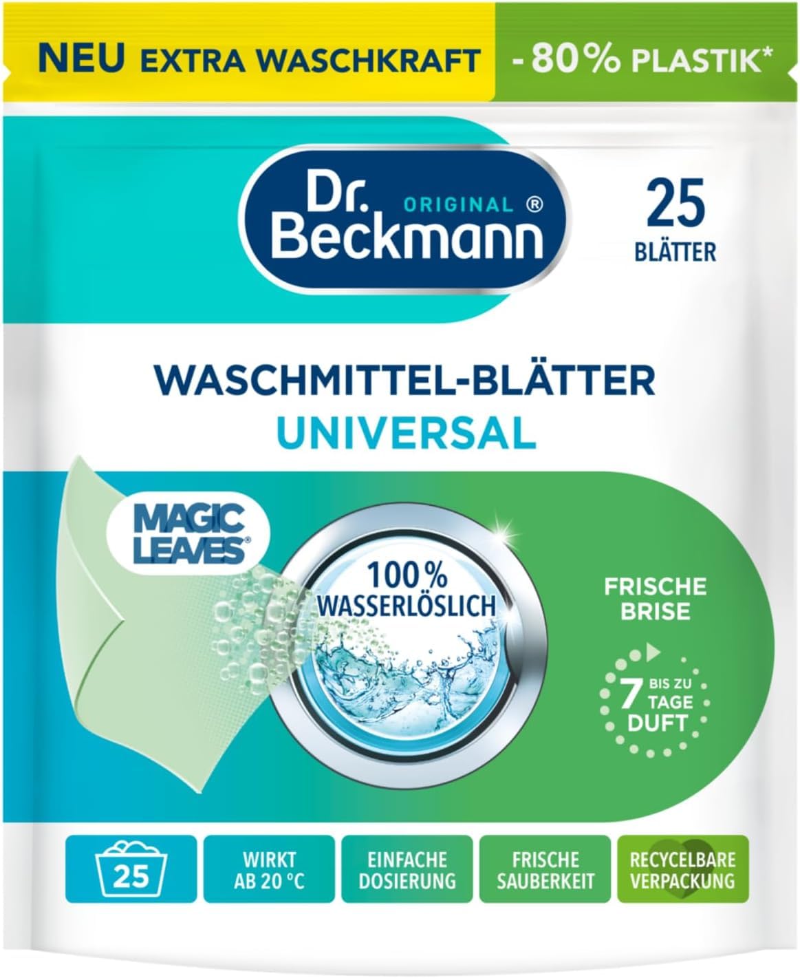Dr. Beckmann MAGIC LEAVES Waschmittel-Blätter UNIVERSAL | vordosierte & wasserlösliche Waschblätter | platzsparend und leicht anzuwenden | 80 Blätter