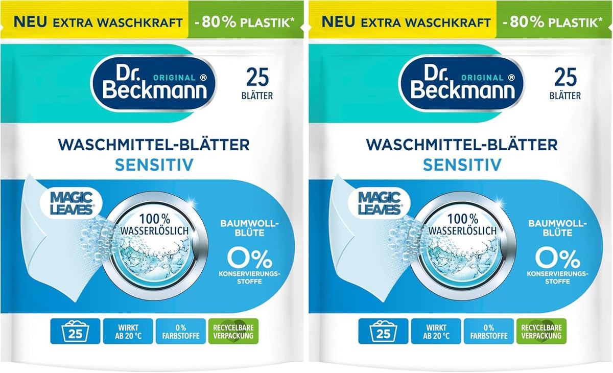 Dr. Beckmann MAGIC LEAVES Waschmittel-Blätter UNIVERSAL | vordosierte & wasserlösliche Waschblätter | platzsparend und leicht anzuwenden | 80 Blätter