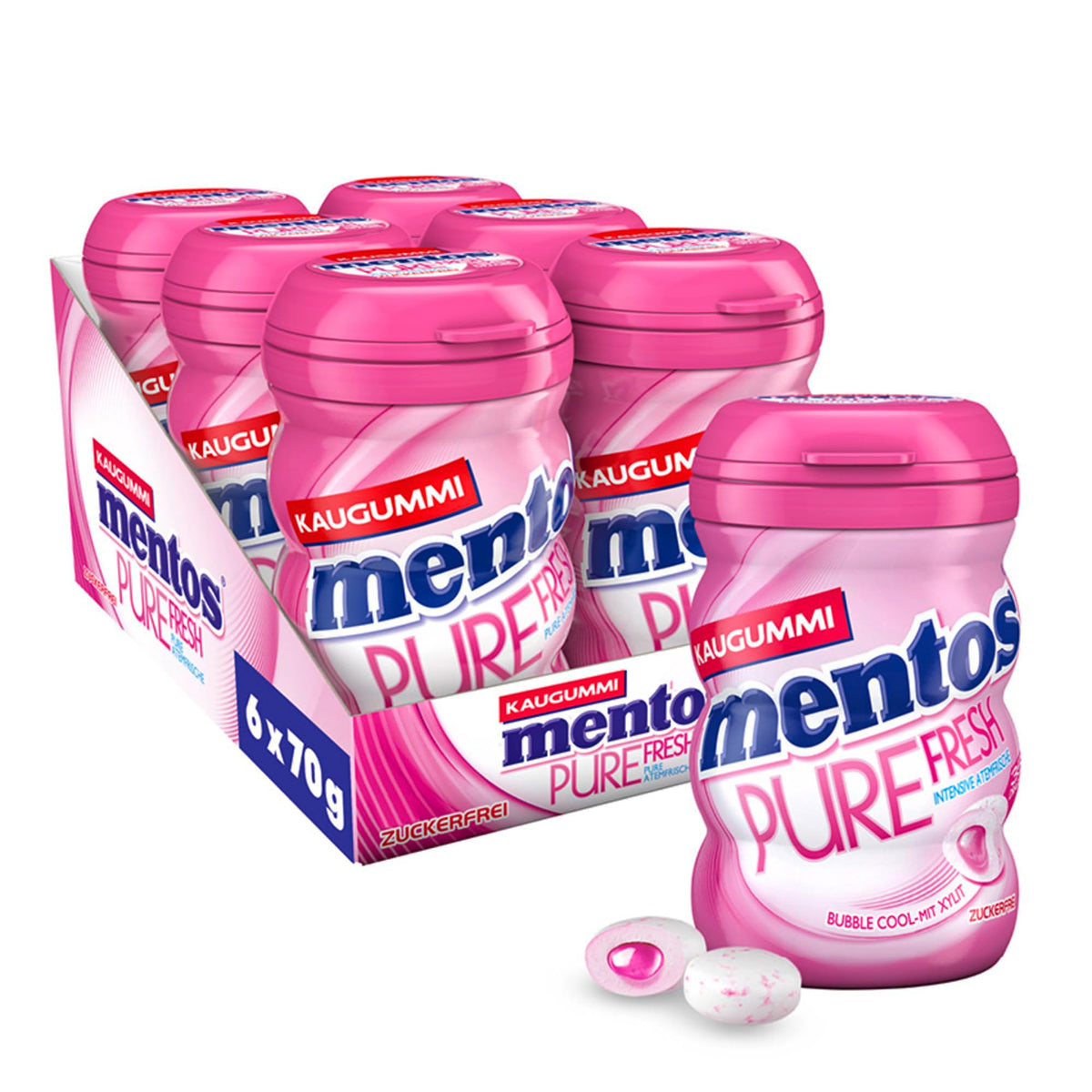 Mentos Kaugummi Pure Fresh Erdbeere, 6 Boxen zuckerfreie Chewing Gum Dragees mit Erdbeer-Geschmack & flüssiger Füllung, Multipack (6 x 35 Stück)