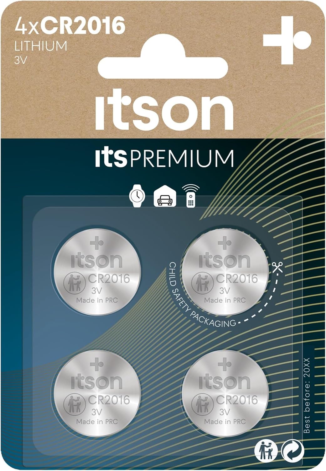 ITSON, CR2016 Batterien, 3V, Knopfzellen, 4 Stück, am besten für Autoschlüssel, Uhren und Herzfrequenzmesser