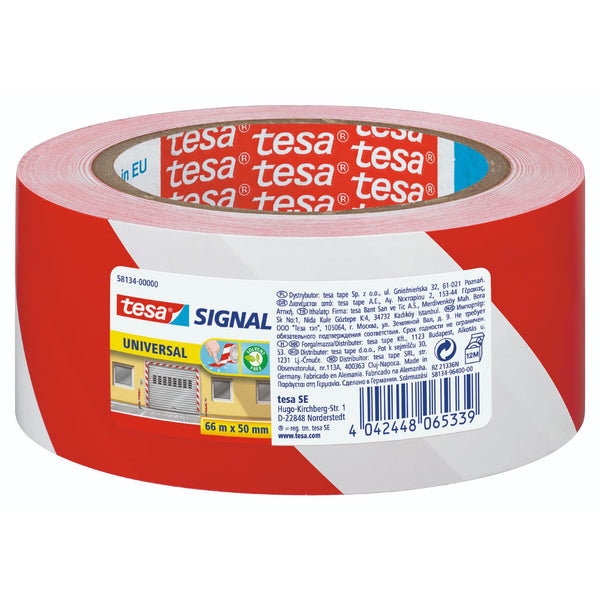 tesa Signal Markierungsklebeband UNIVERSAL - selbstklebendes Warnband zur permanenten Markierung und Kennzeichnung von Gefahrenzonen - aus robustem PP - 66 m x 50 mm - Rot/Weiß
