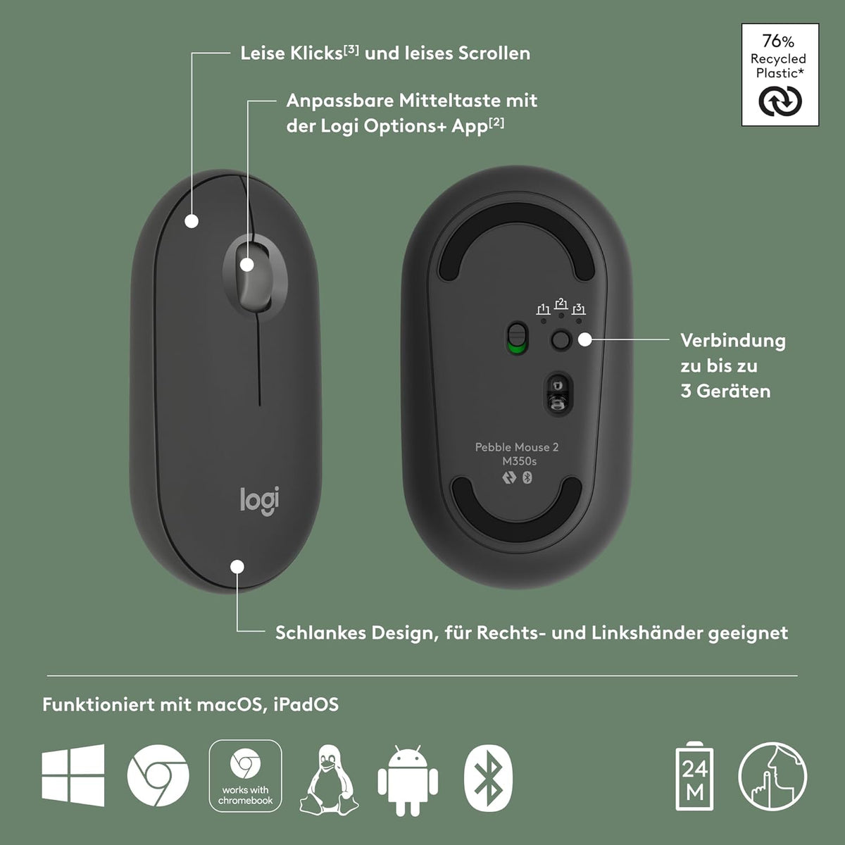 Logitech Pebble Mouse 2 M350s schlanke kabellose Bluetooth-Maus, mobil, leicht, anpassbare Taste, leise Klicks, Easy-Switch für Windows, macOS, iPadOS, Android, ChromeOS - Grafit