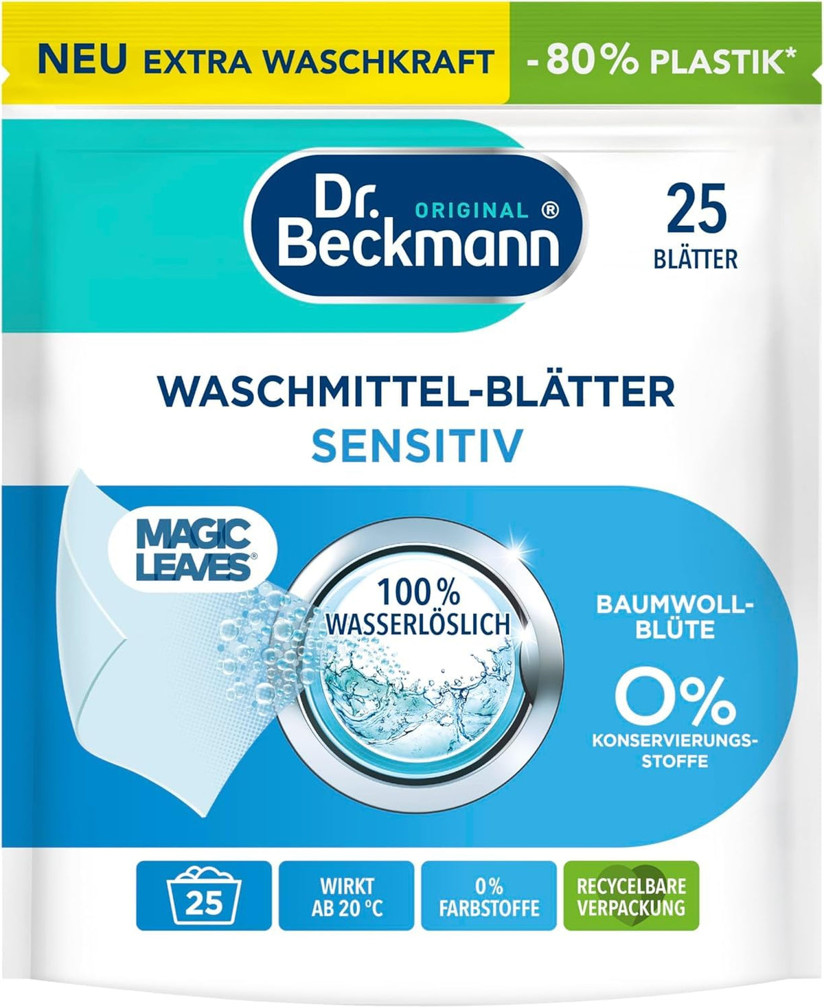 Dr. Beckmann MAGIC LEAVES Waschmittel-Blätter UNIVERSAL | vordosierte & wasserlösliche Waschblätter | platzsparend und leicht anzuwenden | 80 Blätter