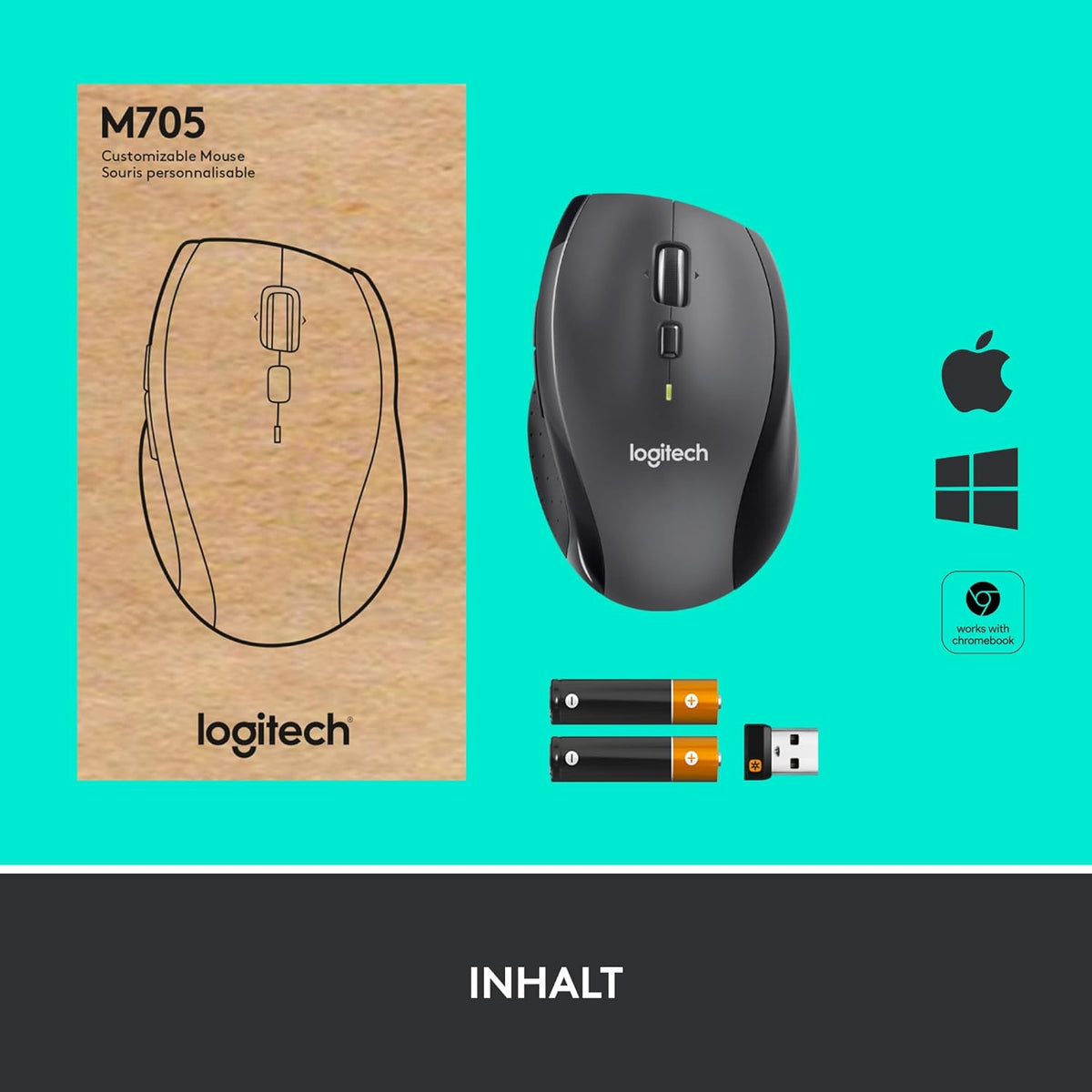 Logitech M705 Marathon Kabellose Maus, 2.4 GHz Verbindung via Unifying USB-Empfänger, 1000 DPI Laser-Sensor, 3-Jahre Akkulaufzeit, 7 Tasten, PC/Mac - Schwarz