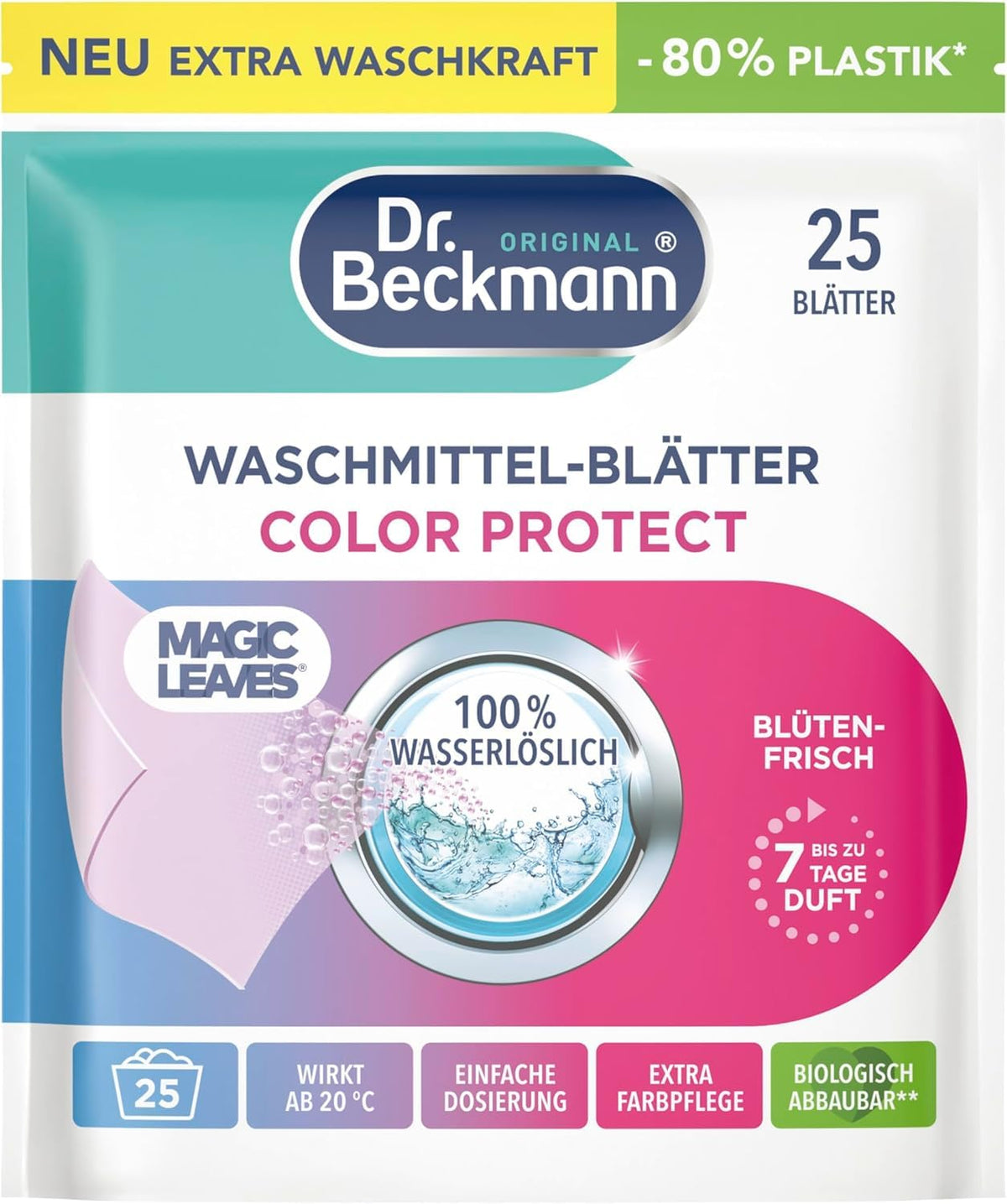 Dr. Beckmann MAGIC LEAVES Waschmittel-Blätter UNIVERSAL | vordosierte & wasserlösliche Waschblätter | platzsparend und leicht anzuwenden | 80 Blätter