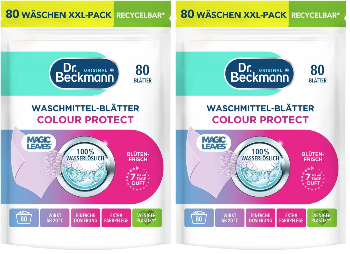 Dr. Beckmann MAGIC LEAVES Waschmittel-Blätter UNIVERSAL | vordosierte & wasserlösliche Waschblätter | platzsparend und leicht anzuwenden | 80 Blätter