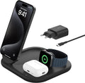 Belkin BoostCharge Ladegerät induktive 3-in-1 Ladestation Qi2, 15 W, klappbar MagSafe-kompatibles Ständer für Apple iPhone 17, Air, Pixelsnap, Apple Watch, AirPods, mit Netzteil – Schwarz