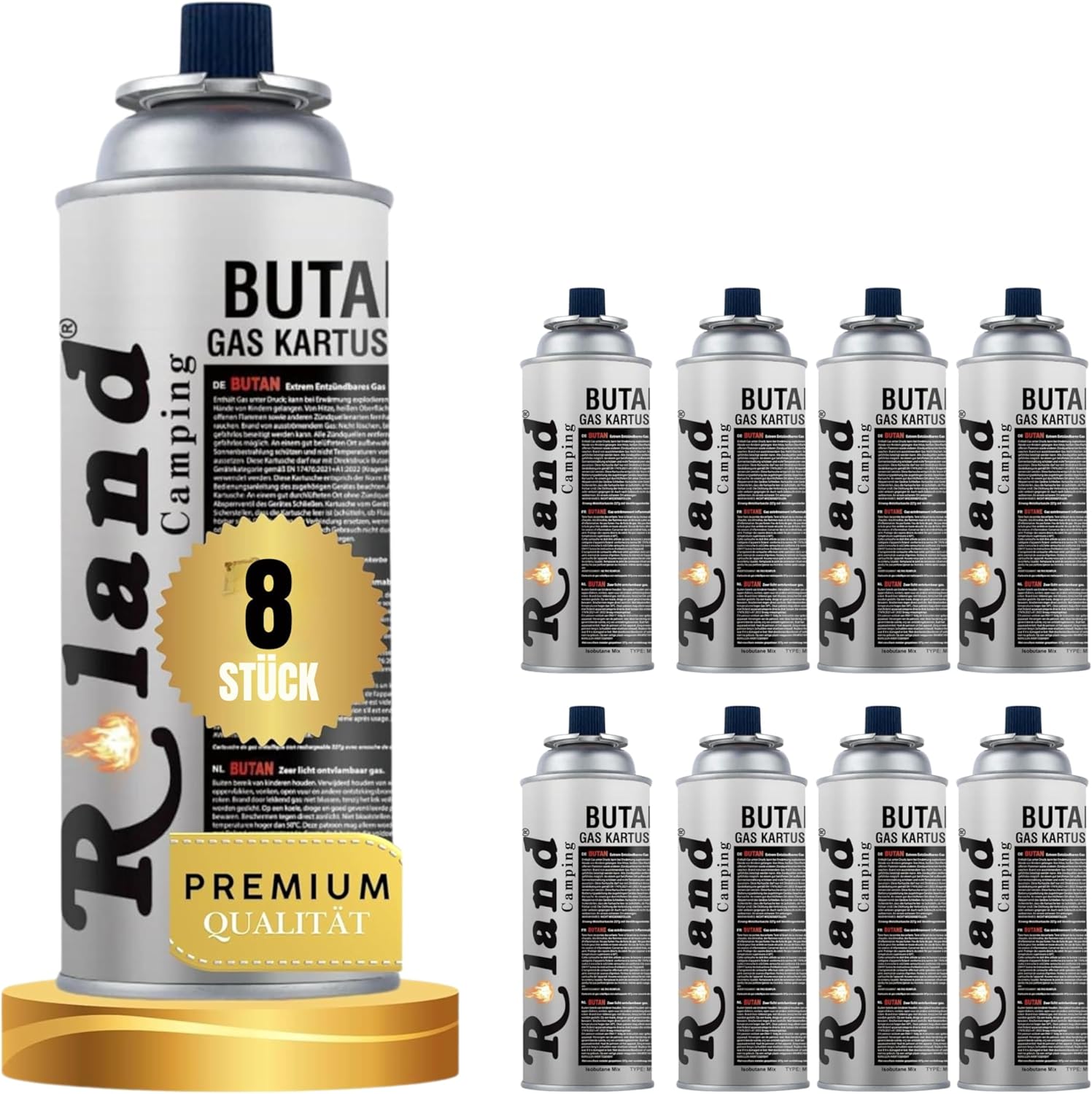 Roland Camping Butan Gaskartusche 227g – 8 Stück (MSF-1a Bajonett)