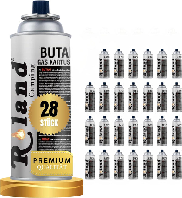 Roland Camping Butan Gaskartusche 227g – 28 Stück Gaskartuschen für Schweißbrenner Gaskocher, Lötbrenner & Heizung – Premium Qualität Butangas mit oder ohne Gasbrenner (28 Stück)