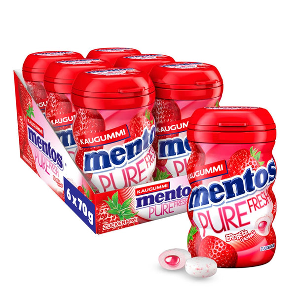 Mentos Kaugummi Pure Fresh Erdbeere, 6 Boxen zuckerfreie Chewing Gum Dragees mit Erdbeer-Geschmack & flüssiger Füllung, Multipack (6 x 35 Stück)
