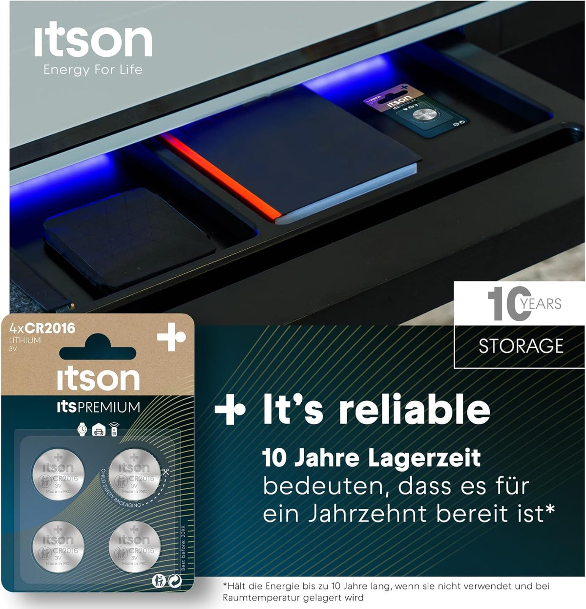 ITSON, CR2016 Batterien, 3V, Knopfzellen, 4 Stück, am besten für Autoschlüssel, Uhren und Herzfrequenzmesser
