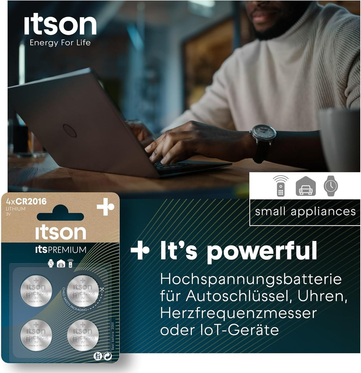 ITSON, CR2016 Batterien, 3V, Knopfzellen, 4 Stück, am besten für Autoschlüssel, Uhren und Herzfrequenzmesser