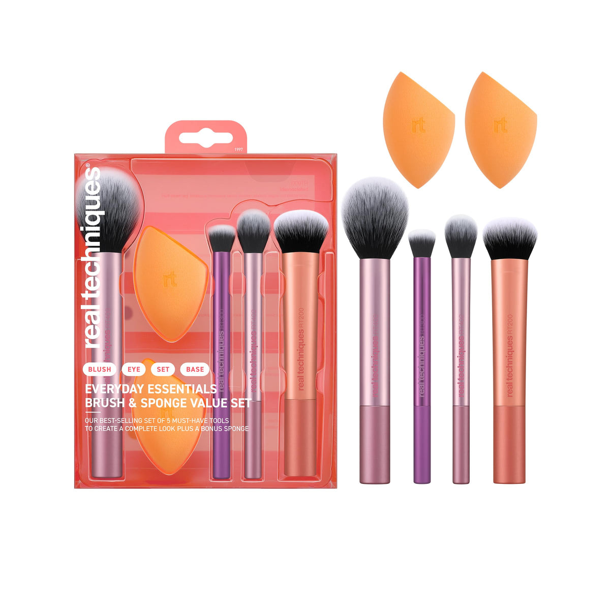 Real Techniques Everyday Essentials + Make-up-Schwamm-Set, Make-up-Pinsel und Make-up-Mixer-Schwamm, für Foundation, Rouge, Bronzer, Lidschatten und Puder, 5-teiliges Set