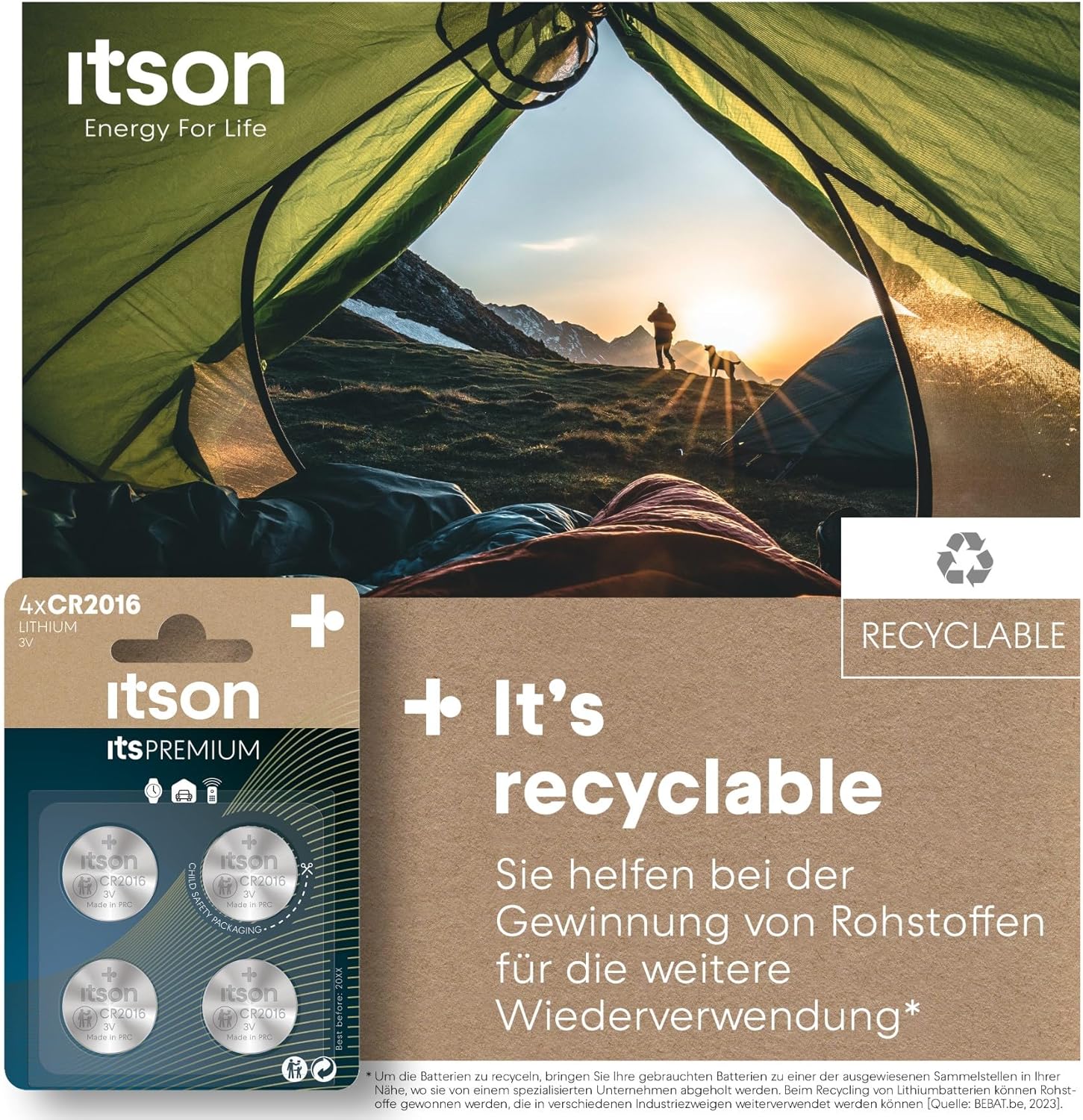 ITSON, CR2016 Batterien, 3V, Knopfzellen, 4 Stück, am besten für Autoschlüssel, Uhren und Herzfrequenzmesser