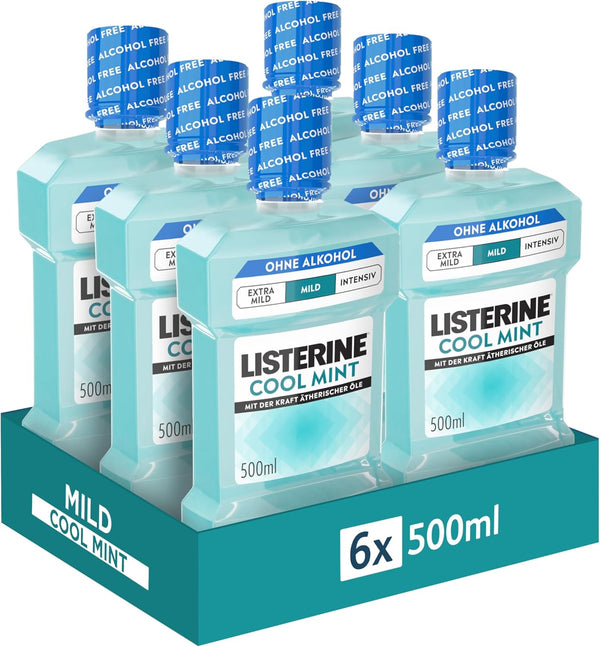 LISTERINE Cool Mint Mild 6 x 500 ml, antibakterielle Mundspülung mit ätherischen Ölen und ohne Alkohol, mildes Mundwasser bekämpft wirksam Bakterien, optimale Ergänzung zur täglichen Zahnpflege