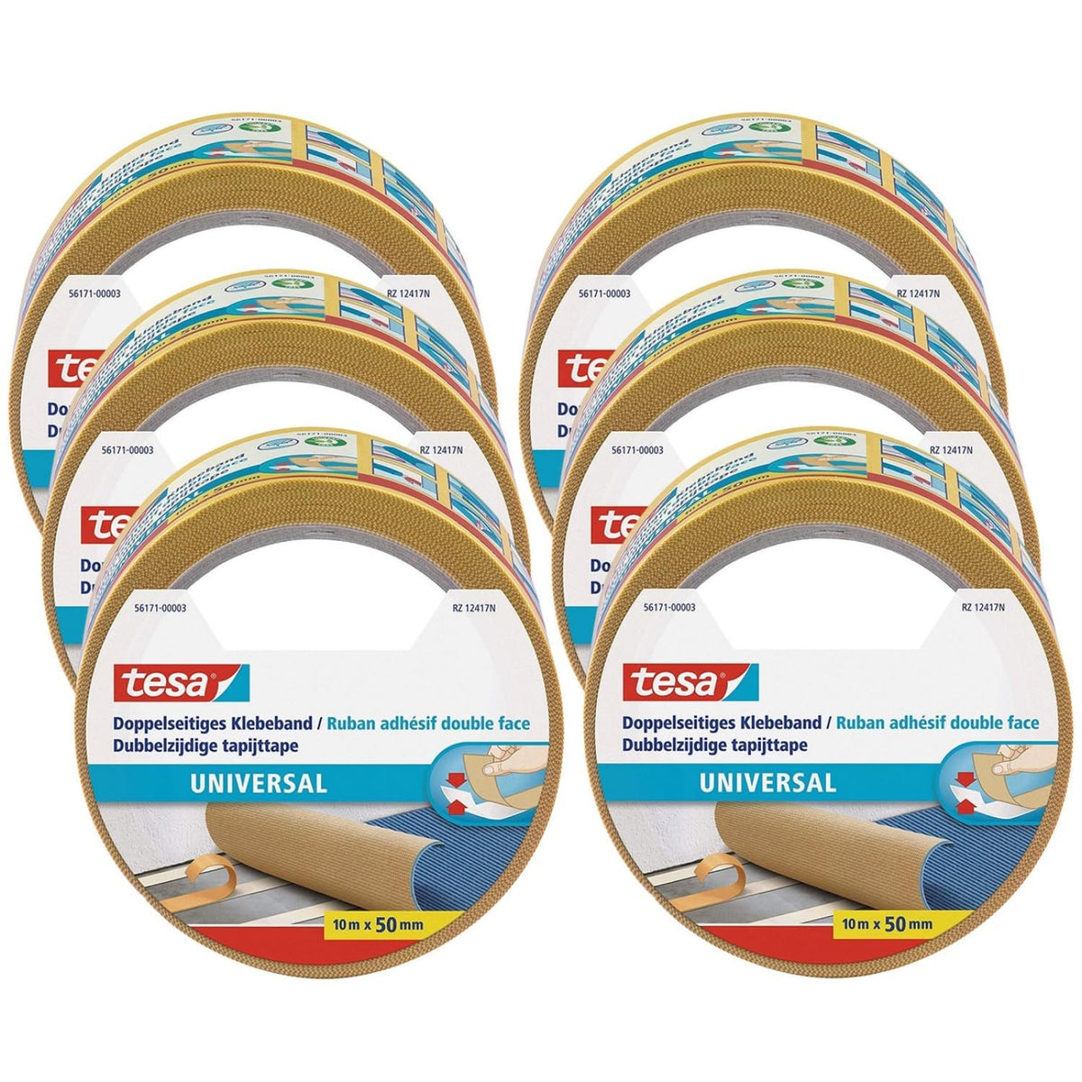 tesa Doppelseitiges Klebeband Universal - Vielseitiges Klebeband für Verpackungen, Deko und Teppiche oder zum Basteln - 5 m x 50 mm