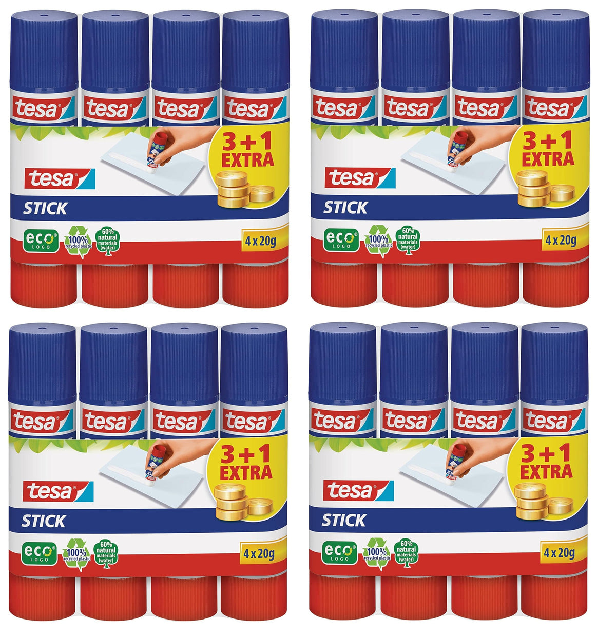 tesa Stick ecoLogo - Geruchsneutraler Klebestift für Papier und Pappe - Lösungsmittelfrei und Umweltschonend - 4 x 20 g