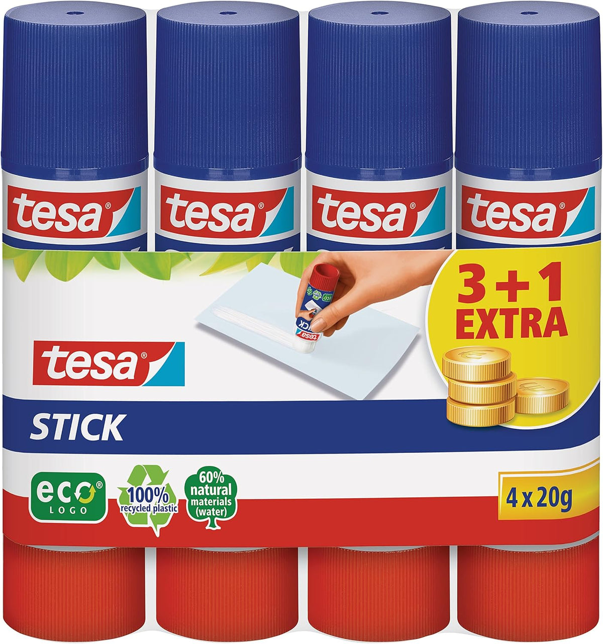 tesa Stick ecoLogo - Geruchsneutraler Klebestift für Papier und Pappe - Lösungsmittelfrei und Umweltschonend - 4 x 20 g