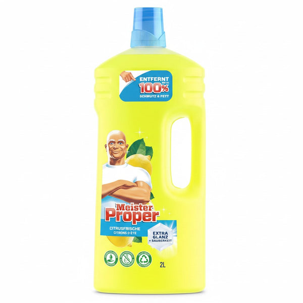 Limendahome Meister Proper Citrusfrische Allzweckreiniger 2L Flasche mit Zitronenmotiv, entfernt 100% Schmutz und Fett.