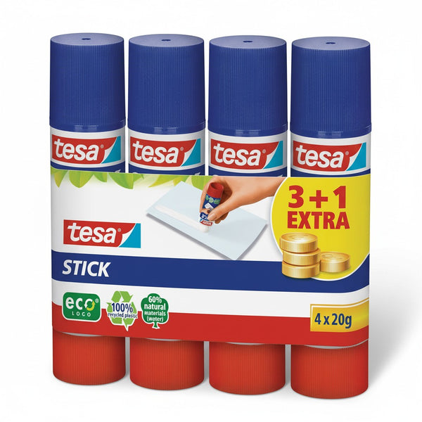 Limendahome tesa Stick ecoLogo Klebestifte im 4er-Pack, geruchsneutral, lösungsmittelfrei, 4 x 20g